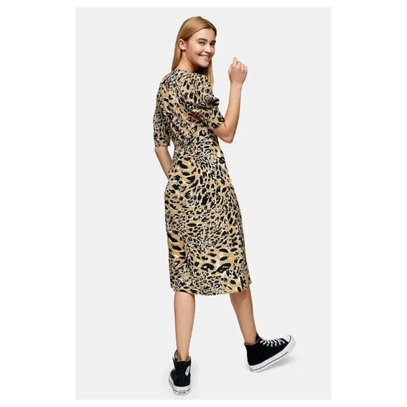 Topshop Leopard Print Mock Wrap Midi Dress Sz 4 - Picture 2 of 7
